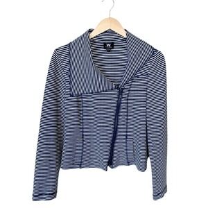 WORTH Jersey Moto Jacket Striped Blue White Asymmetrical Zip Collar Pocket 6 EUC